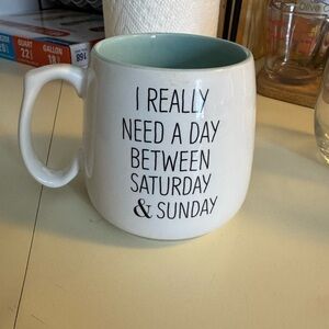 White Ceramic Mug with Light Blue Interior and Humorous Quote